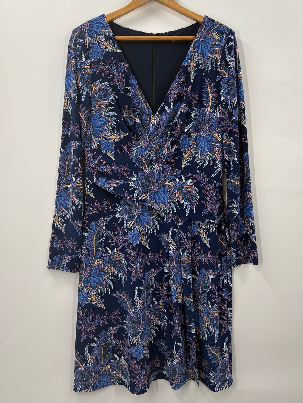 Lauren Ralph Lauren New Navy Floral Long-Sleeve Faux Wrap Dress | 10